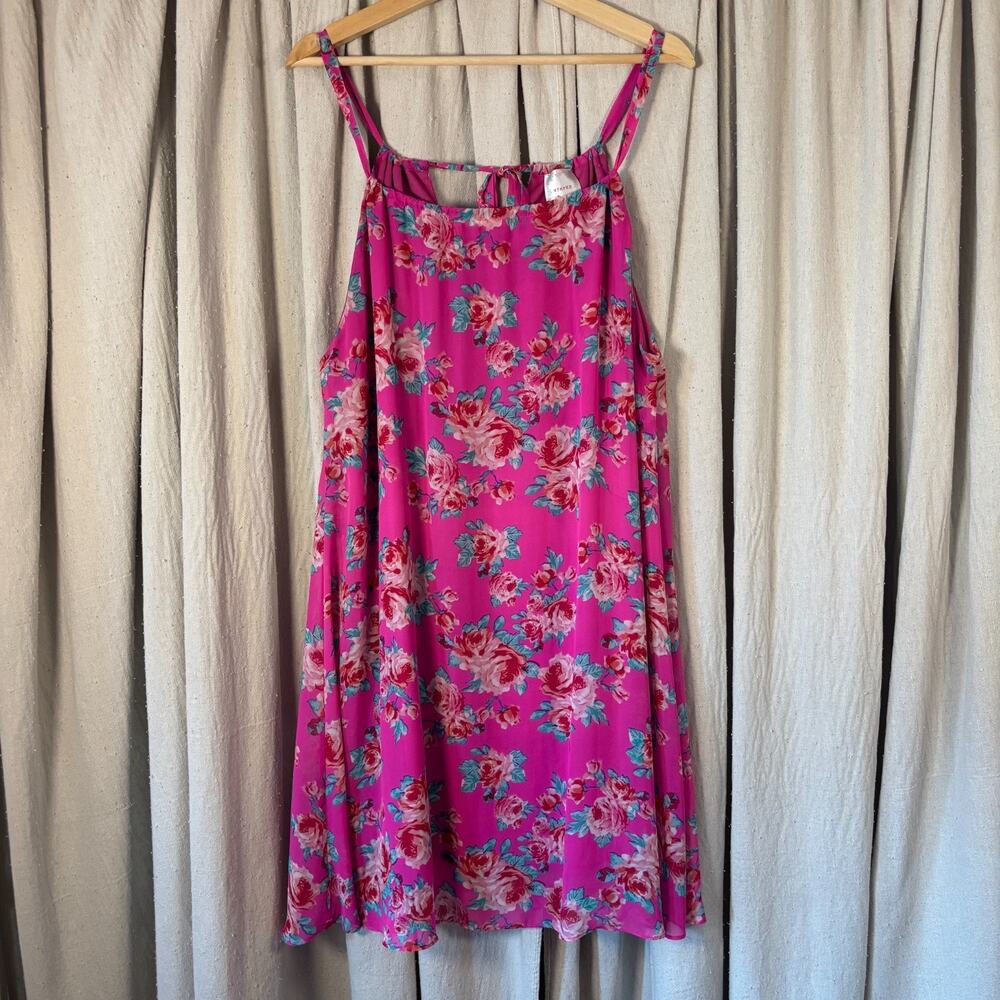 Nymphe Hot Pink Rose Floral Chiffon Swing Dress Double Strap Keyhole Back Size M